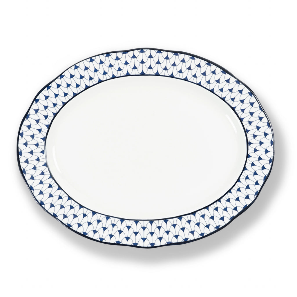 Lohr Astor Allegra scallop oval serving plate, 14-inch ceramic dish with elegant scalloped edges for serving food.