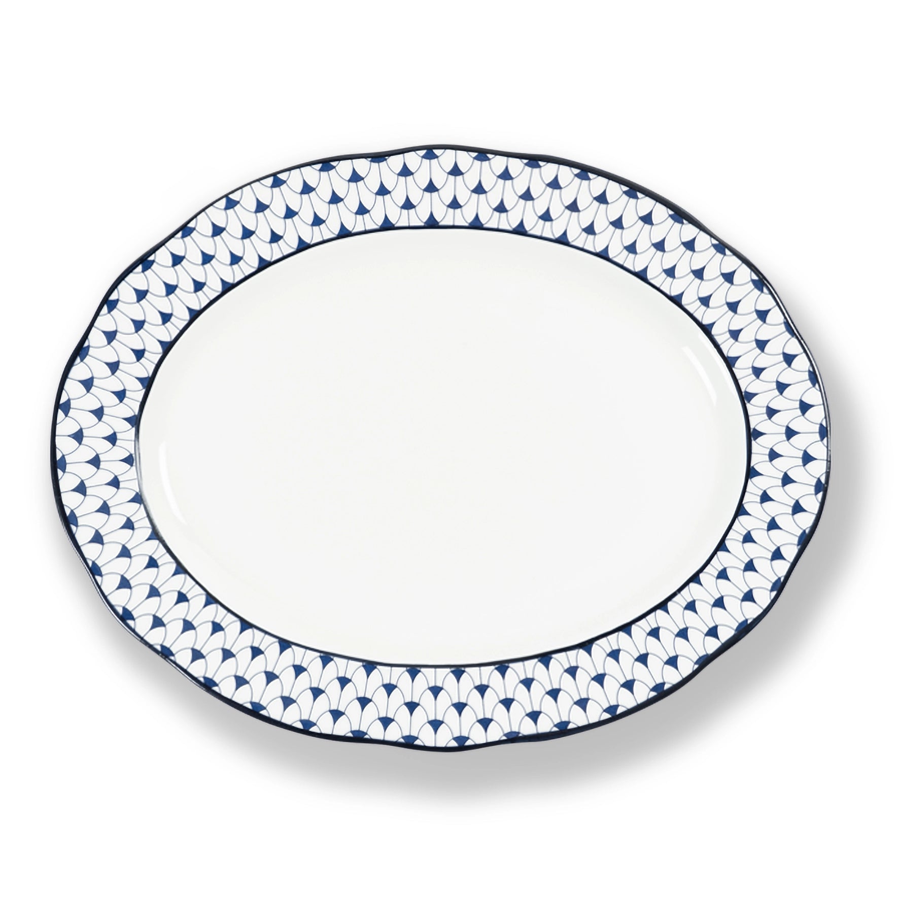 Lohr Astor Allegra scallop oval serving plate, 14-inch ceramic dish with elegant scalloped edges for serving food.