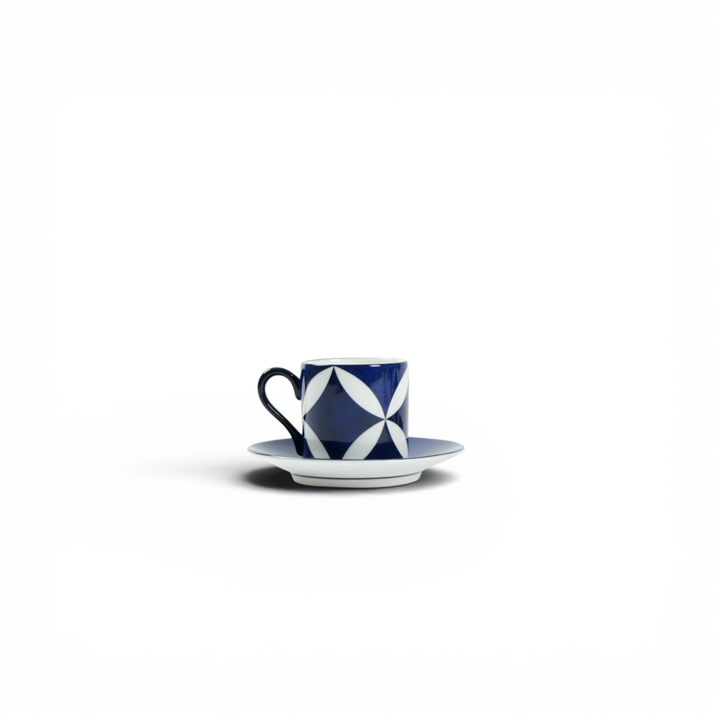 Lohr Astor Waldorf Star espresso cup and saucer set, white porcelain with elegant star pattern, for stylish coffee serving.