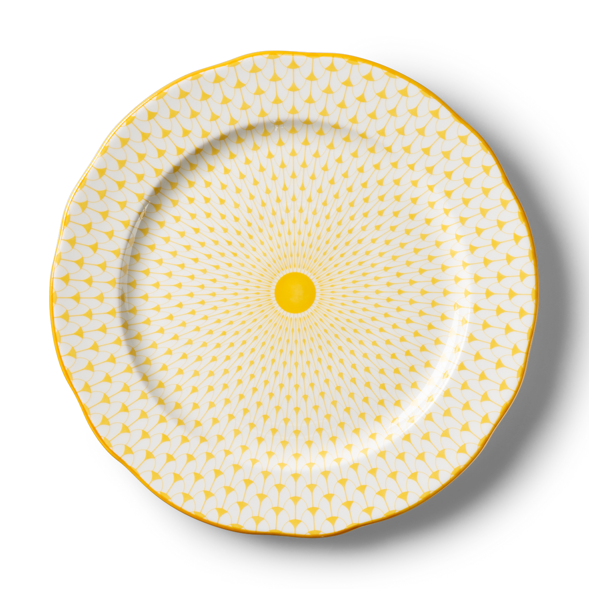 Lohr Astor Allegra Scallop Full Face Charger & Serving Plate in yellow and white, top view