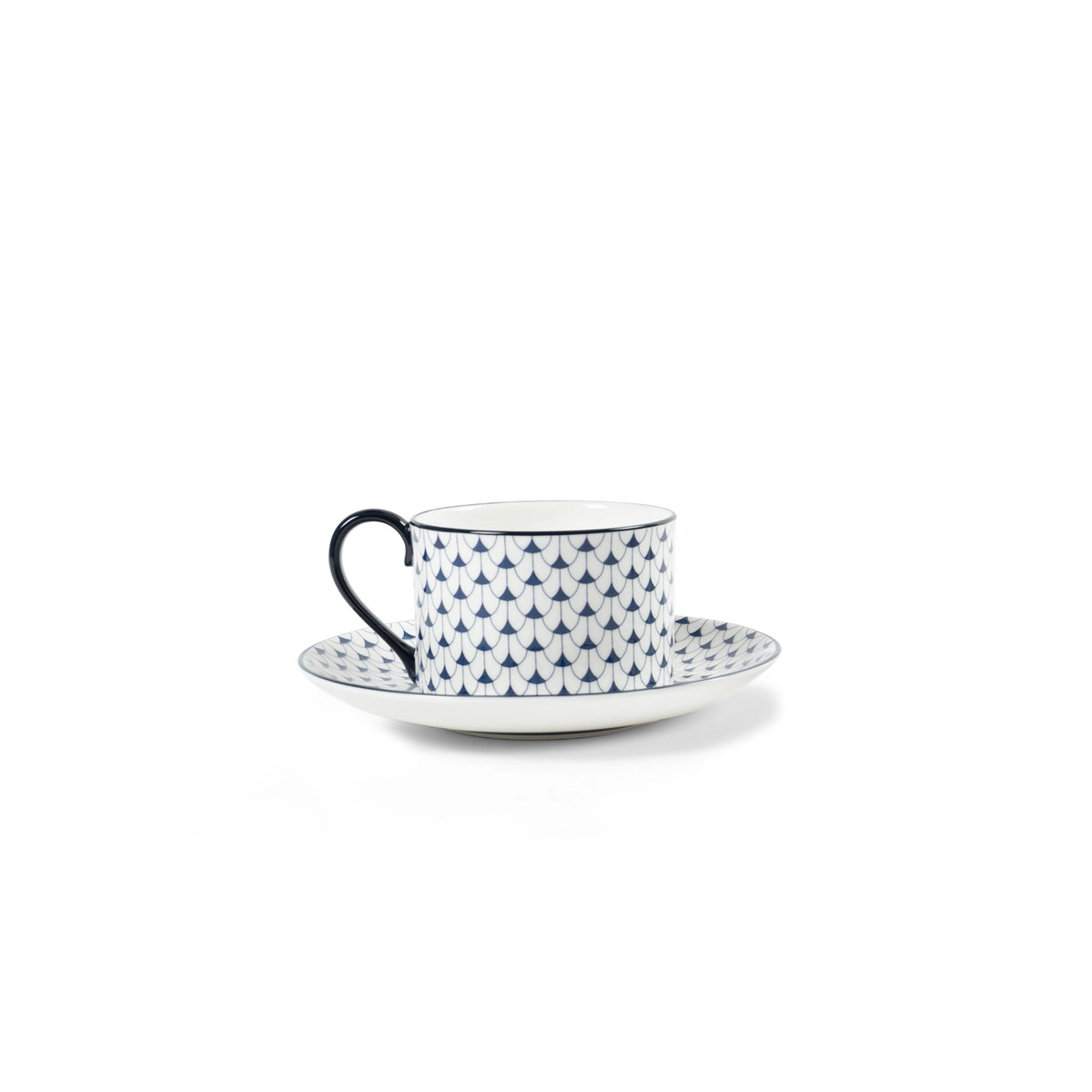 Lohr Astor Allegra Scallop Tea Cup & Saucer Set in blue and white, side view