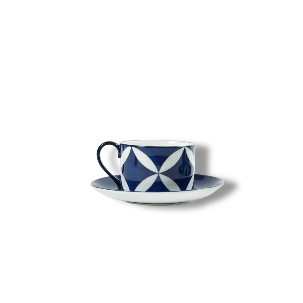 Lohr Astor Waldorf Star Tea Cup & Saucer Set in blue and white, side view