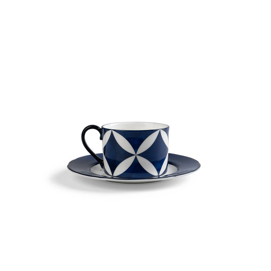 Lohr Astor Waldorf Star Tea Cup & Saucer Set in blue and white, side view