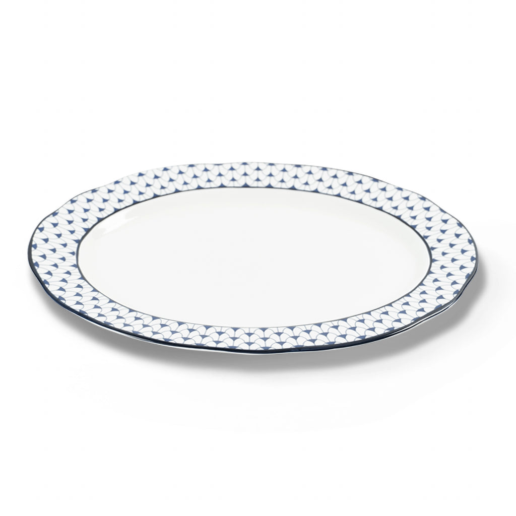Lohr Astor Allegra scallop oval serving plate, 14-inch ceramic dish with elegant scalloped edges for serving food.