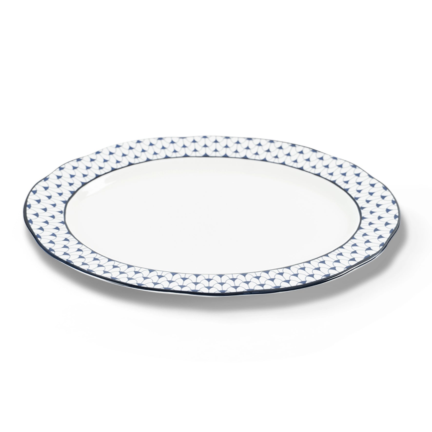 Lohr Astor Allegra scallop oval serving plate, 14-inch ceramic dish with elegant scalloped edges for serving food.