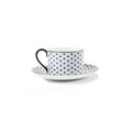 Lohr Astor Allegra scallop tea cup and saucer set with elegant design, featuring a white porcelain finish and scalloped edges.