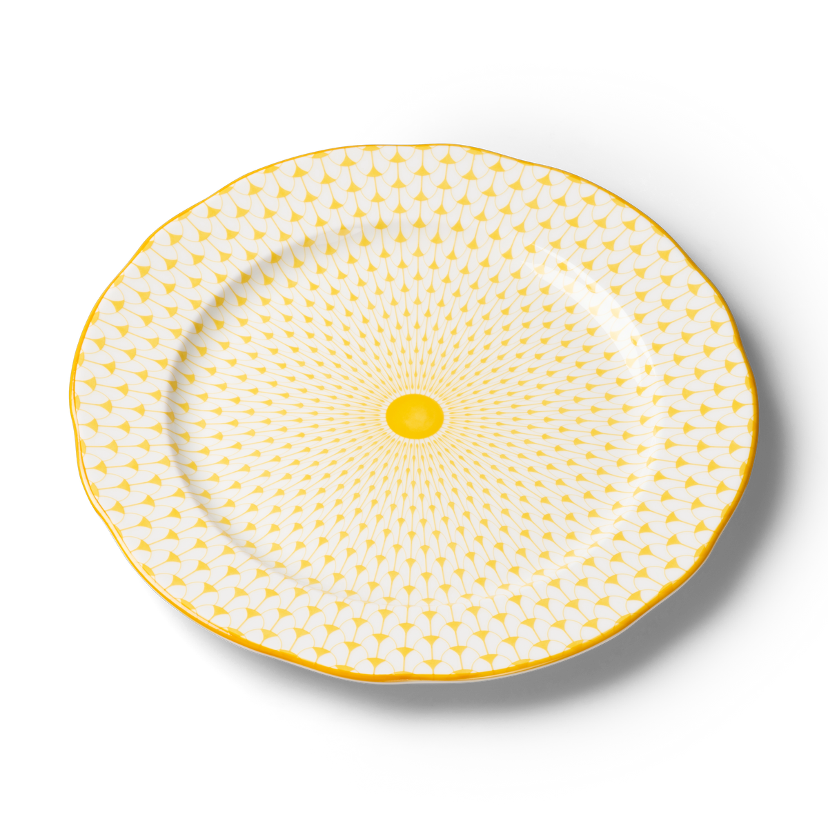 Lohr Astor Allegra Scallop Full Face Charger & Serving Plate in yellow and white, angled view