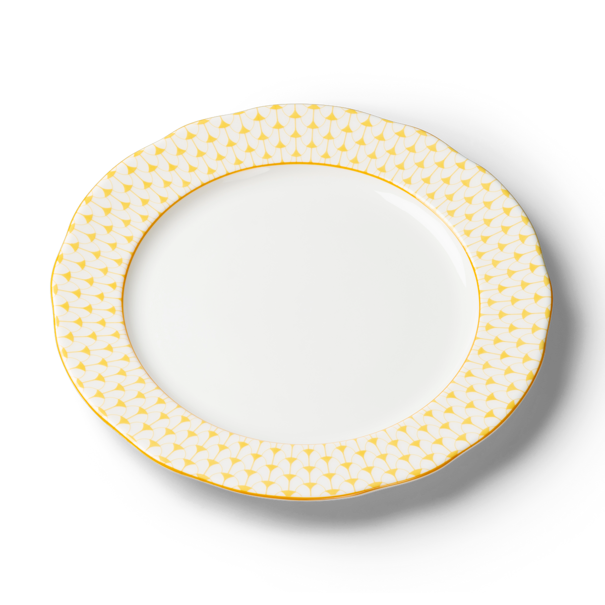 Lohr Astor Allegra Scallop Rimmed Charger & Serving Plate in yellow and white, angled view