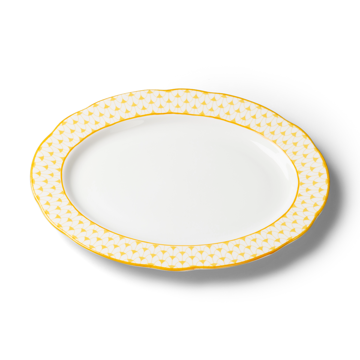 Lohr Astor Allegra Scallop Oval Serving Plate in yellow and white, angled view