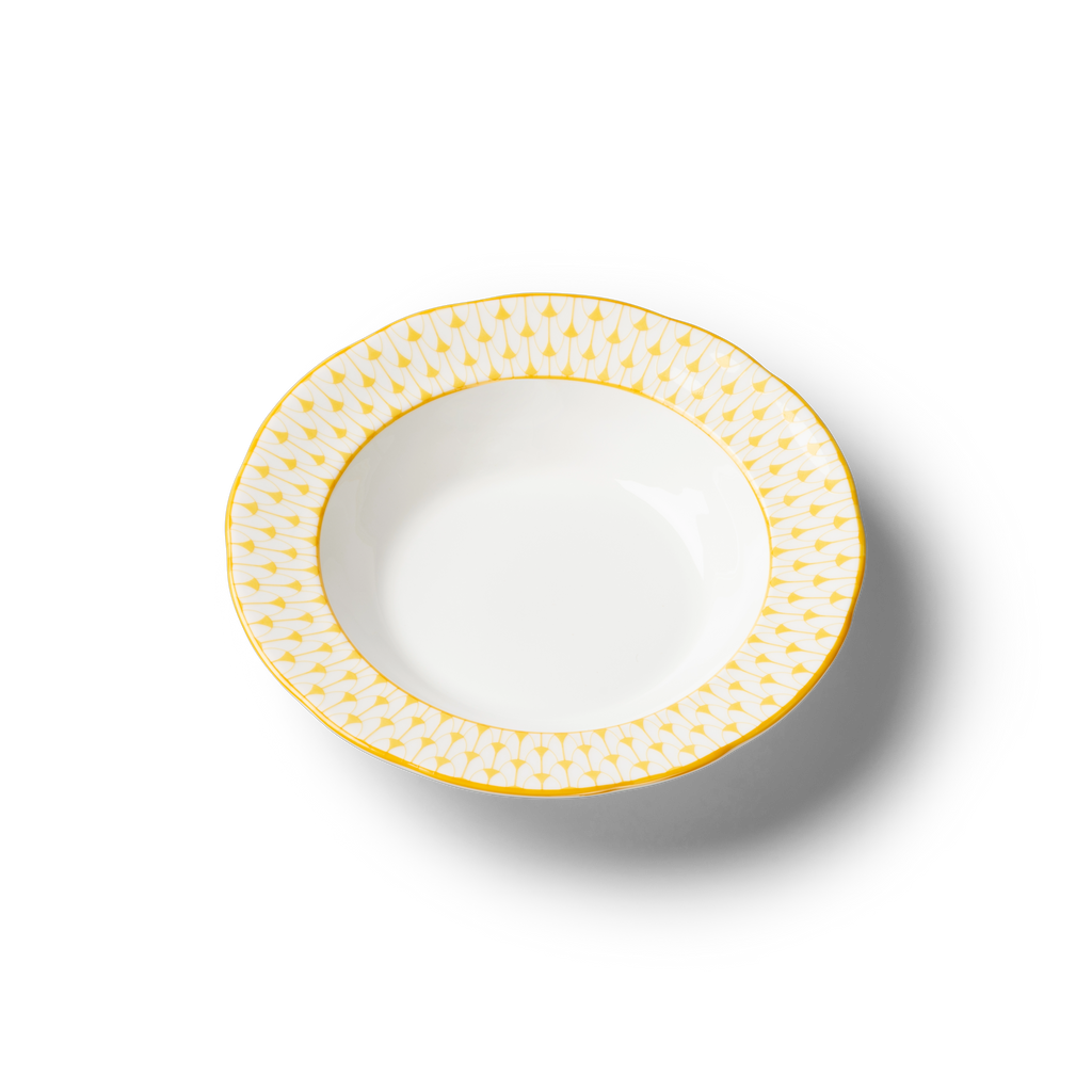 Lohr Astor Allegra Scallop Soup Bowl in yellow and white, angled view