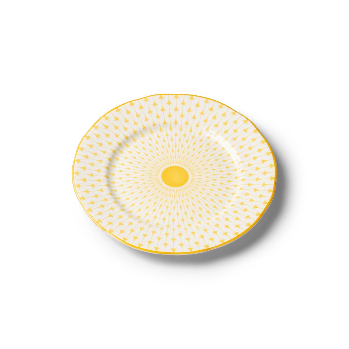 Lohr Astor Allegra Scallop Full Face Dessert Plate in yellow and white, angled view