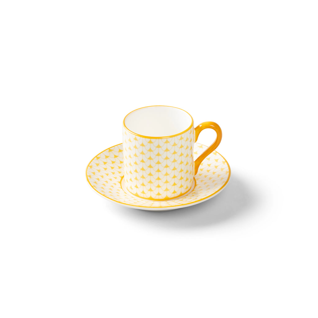 Lohr Astor Allegra Scallop Espresso Cup & Saucer Set in yellow and white, angled view