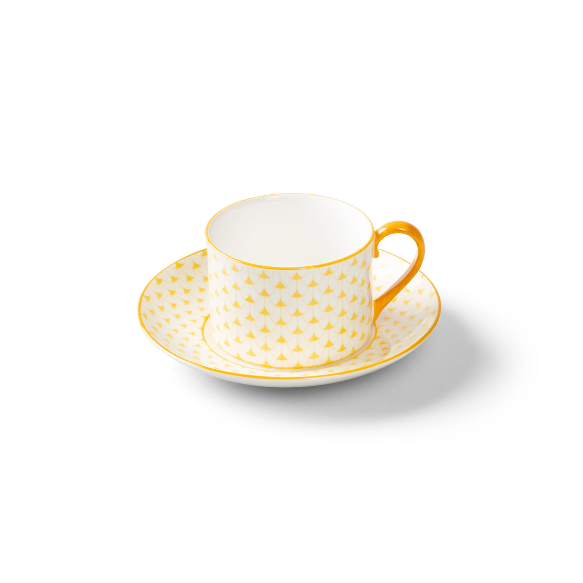 Lohr Astor Allegra Scallop Tea Cup & Saucer Set in yellow and white, angled view