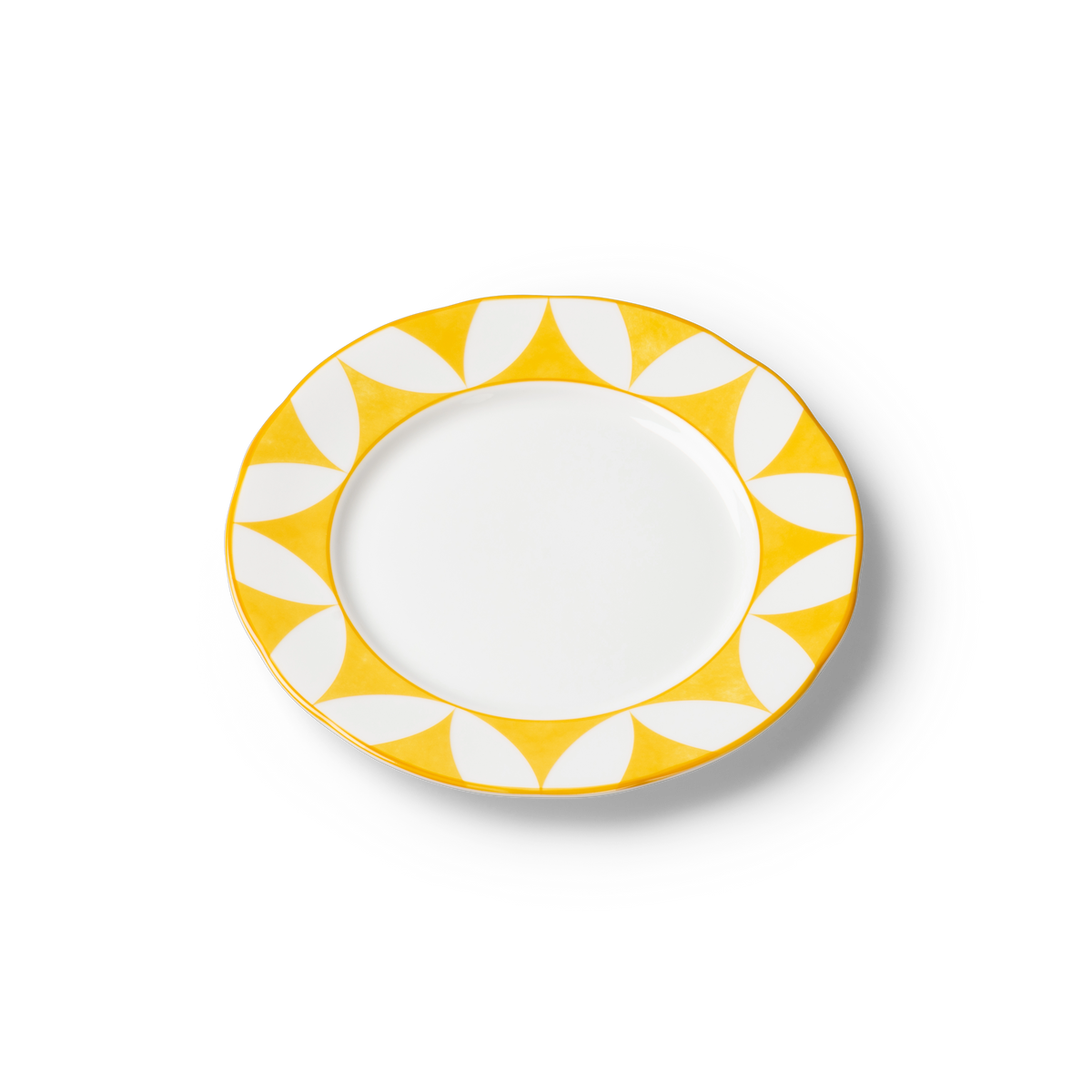 Lohr Astor Waldorf Star Rimmed Dinner Plate in yellow and white, angled view