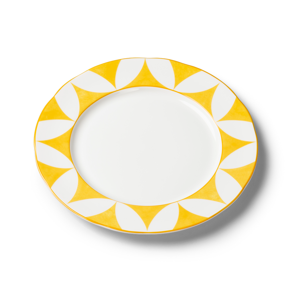 Lohr Astor Waldorf Star Rimmed Charger & Serving Plate in yellow and white, angled view