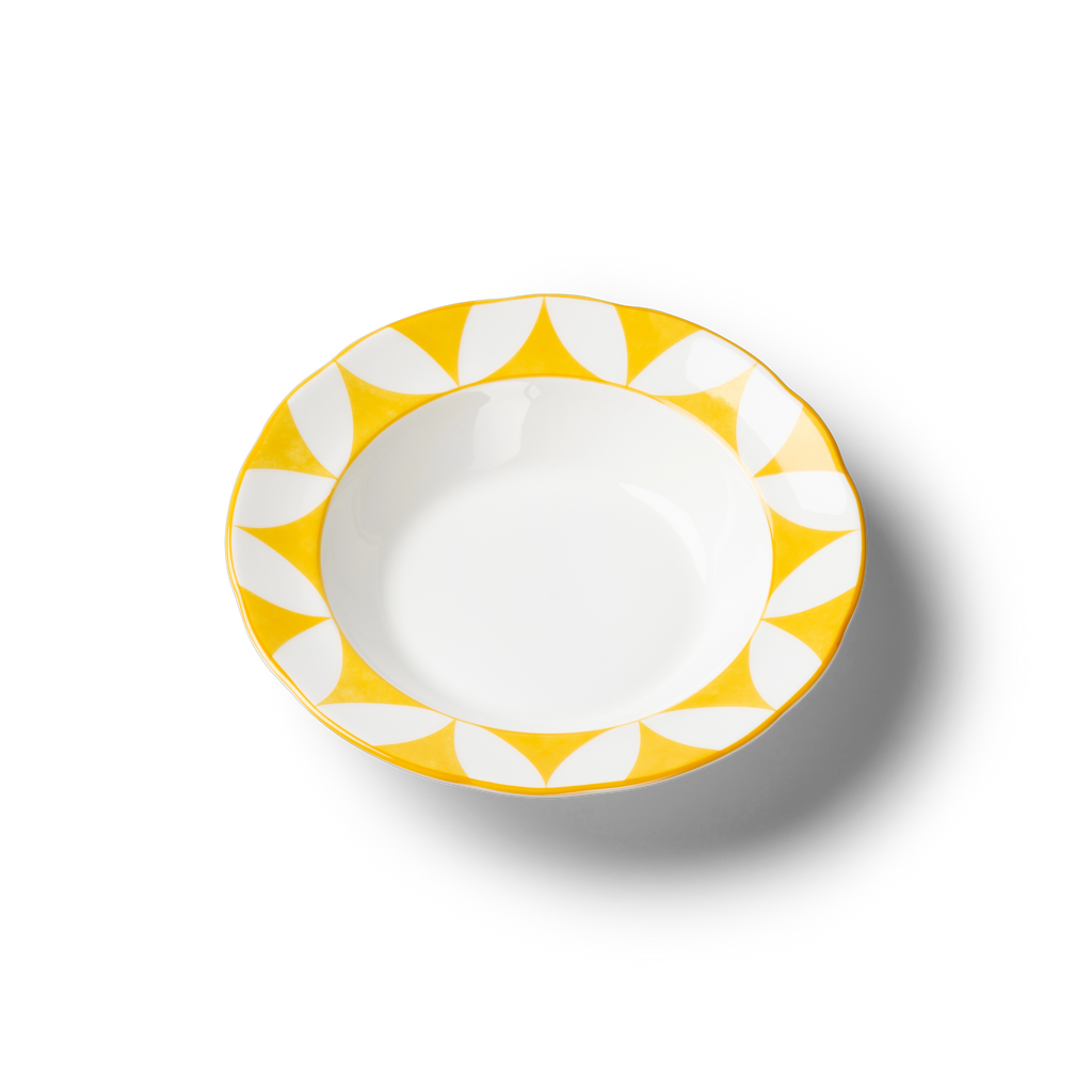 Lohr Astor Waldorf Star Soup Bowl in yellow and white, angled view