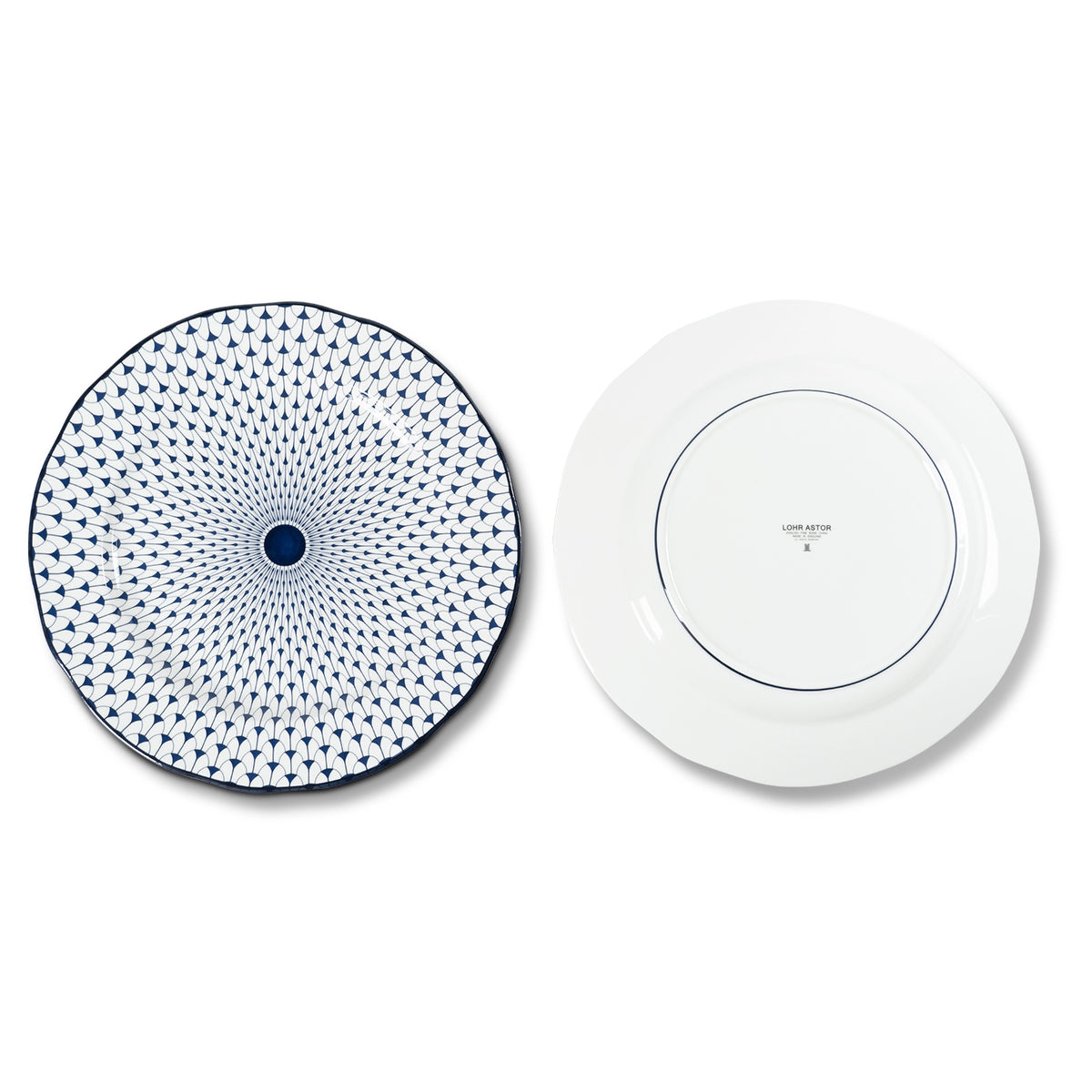 Lohr Astor Allegra Scallop Full Face Charger & Serving Plate in blue and white, front and reverse views