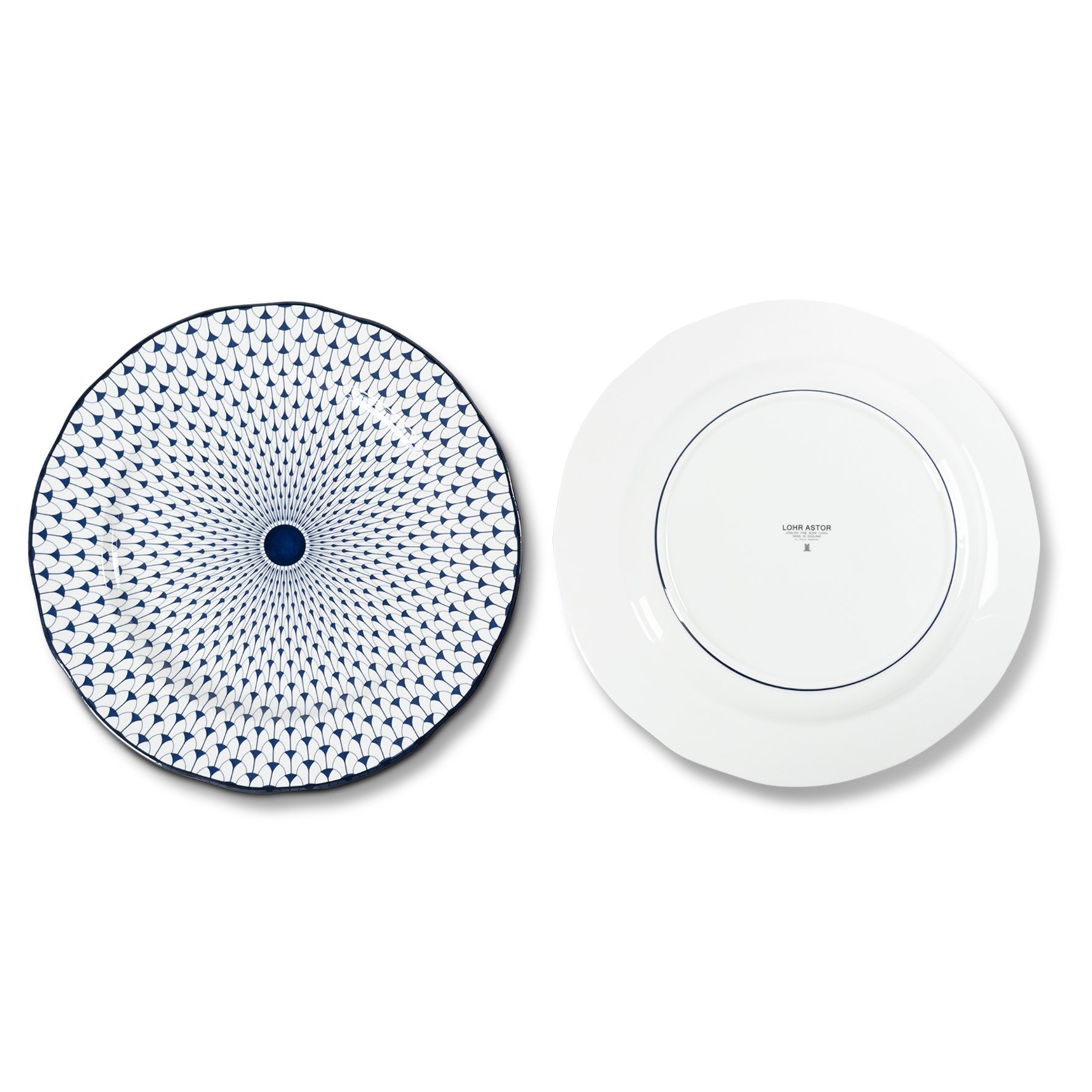 Lohr Astor Allegra scallop full face charger and serving plate, 12-inch round ceramic tableware with elegant scalloped edges.
