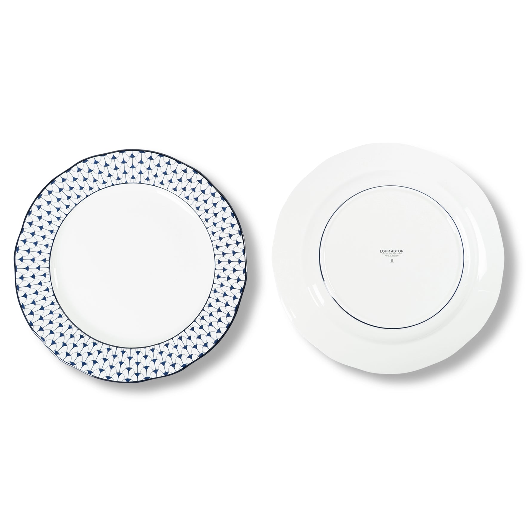 Round Lohr Astor Allegra scallop rimmed charger plate, 12-inch serving plate with elegant scalloped edge design.