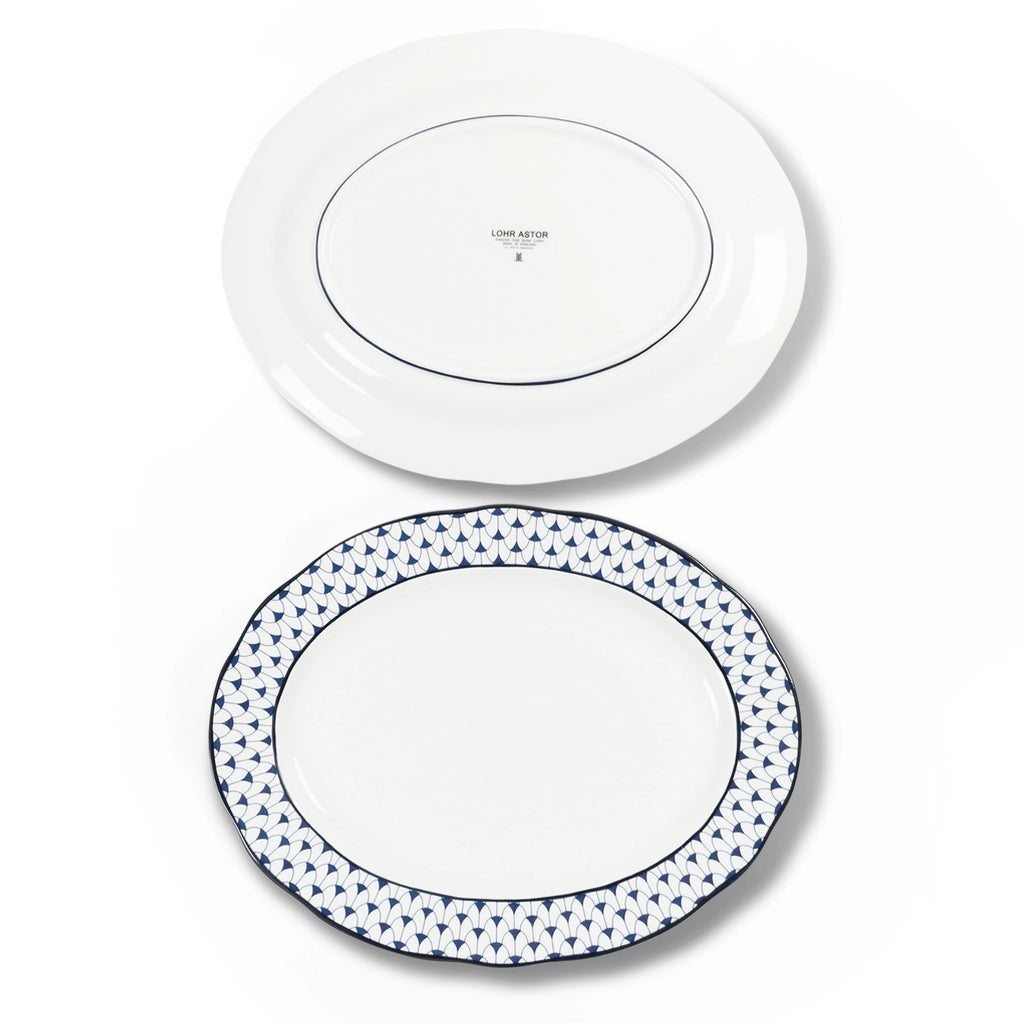 Lohr Astor Allegra scallop oval serving plate, 14-inch ceramic platter with elegant scalloped edges for serving food.